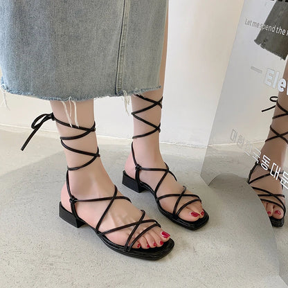 Vintage Open-toe Lace-up Sexy Comfortable Simple Sandals for Women 2023 New Summer Student Square Roman Women's Shoes