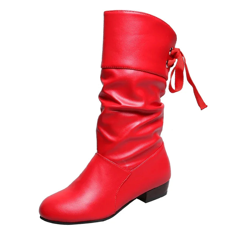 Plus Size 35-43 Women Middle calf Boots Back Lace Up Low Heels Winter Shoes Black Botines White Botas Mujer Female Snow Boot Red