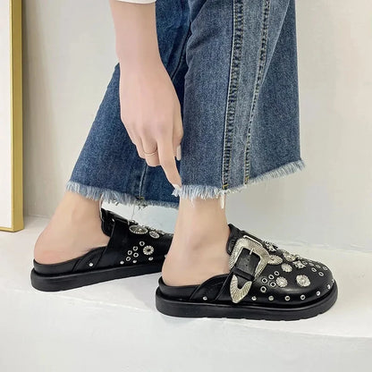 Summer Women Slippers Platform Rivets Punk Rock Leather Mules Creative Metal Fittings Casual Party Shoes Female Outdoor Slides