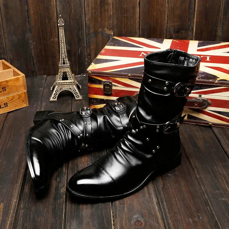 Designer Men's Boots High Quality Biker Boots Black Punk Rock Shoes Men Fashion Motorcycle Boots Retro Leather Men Chelsea Boot