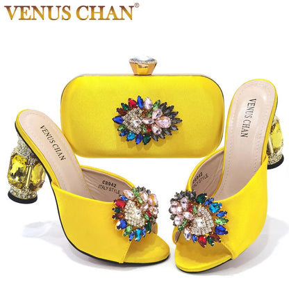 2022 Yellow Color Luxury Rhinestone Heel Fashion Party Women's High Heels Elegant Evening Sandals Wedding Bags and Shoes with