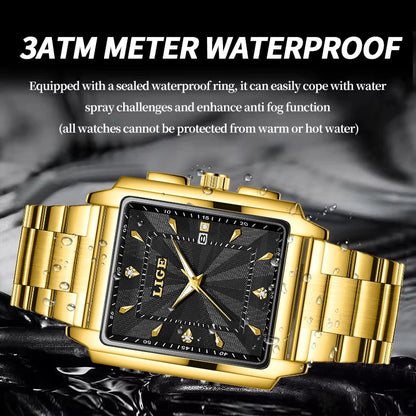 LIGE Fashion Business Watch Men Square Sport Waterproof Watches For Men Top Brand Luxury Military Quartz Chronograph Wristwatch