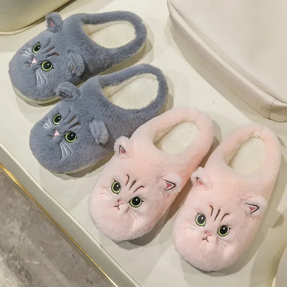 Winter Unisex Plush Slippers Couple Cute Cat Bedroom Slippers Soft Fleece Warm Indoor Slippers Non-slip Flat Home Cotton Shoes