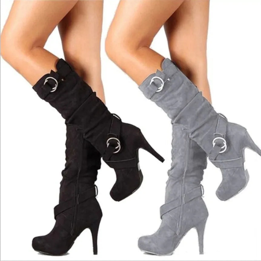 Women Super High Heel Boots Winter Fashion Buckle Strap Zipper Knee High Boots Platform Females Shoes Ladies Long Boots Botas