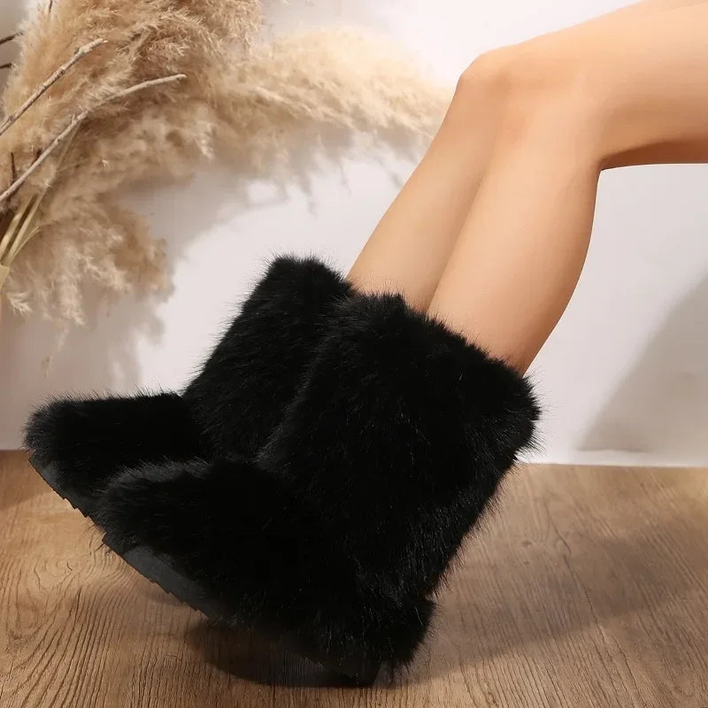 Women's Winter Snow Boots Outdoor Luxury Furry Faux Fox Fur Boots Woman Plush Warm Platform Shoes New Fashion Bottes Big Size