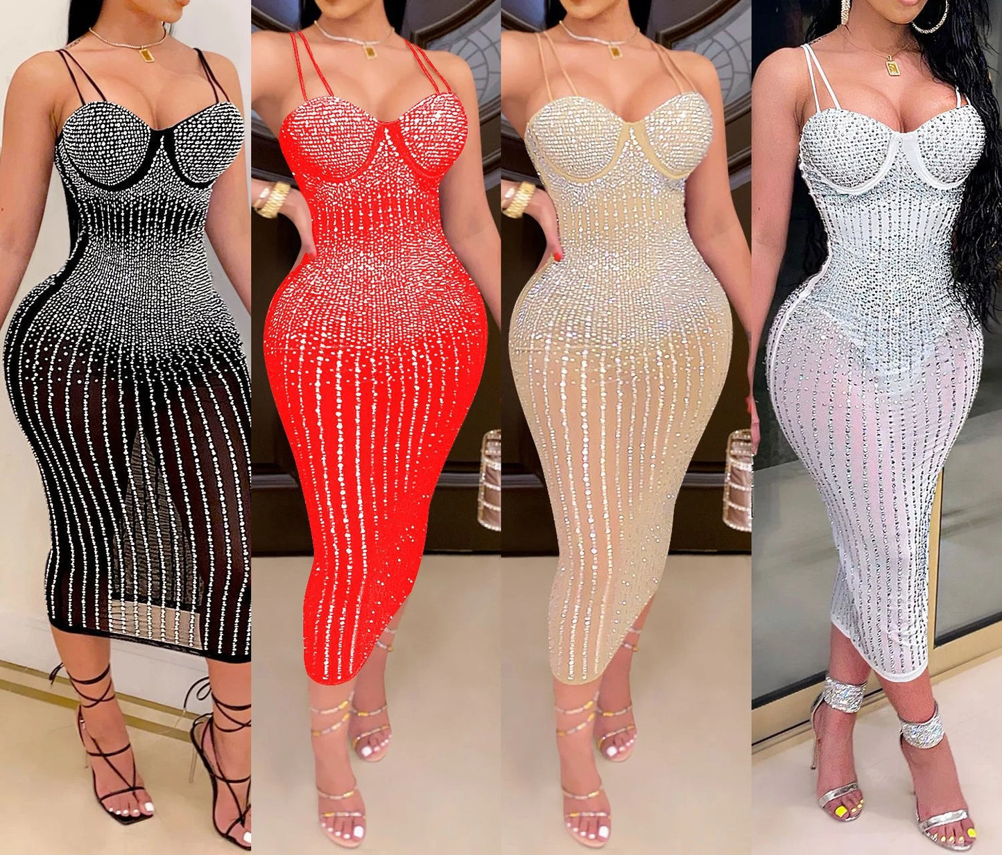 Women Diamonds Rhinestones Dress Fashion Mesh Luxury Evening Dresses Sexy Elegant Party Club Welcom Birthday Prom Dresses HXY612