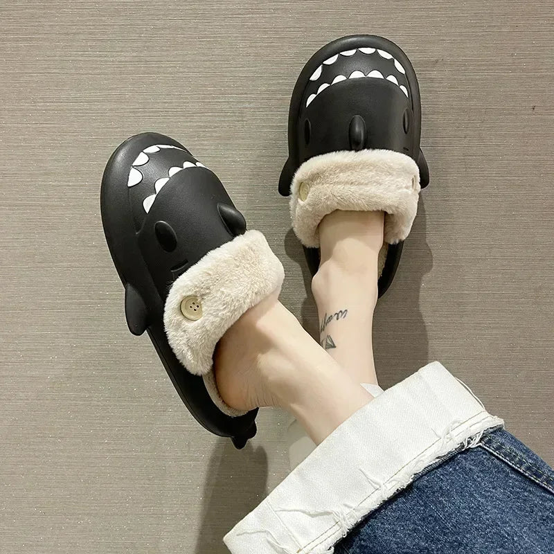 Shark Cotton Slippers Woman Waterproof Winter Indoor Couple Shoes Non-slip Slides Plush Warm Home Slides Flat Shark Flip Flops88