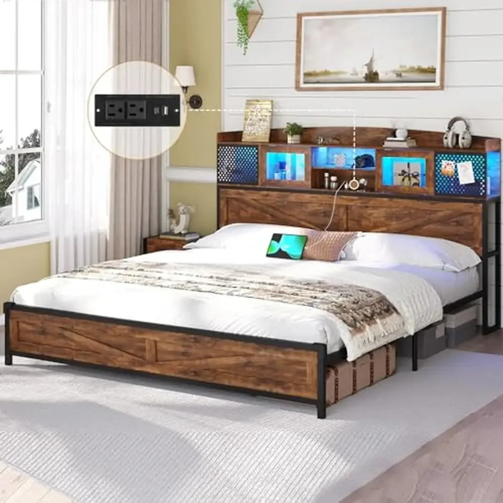 King Size Farmhouse Style Bed Frame with LED Lights Charging Station Rustic Brown Storage Headboard Sliding Doors Metal Steel