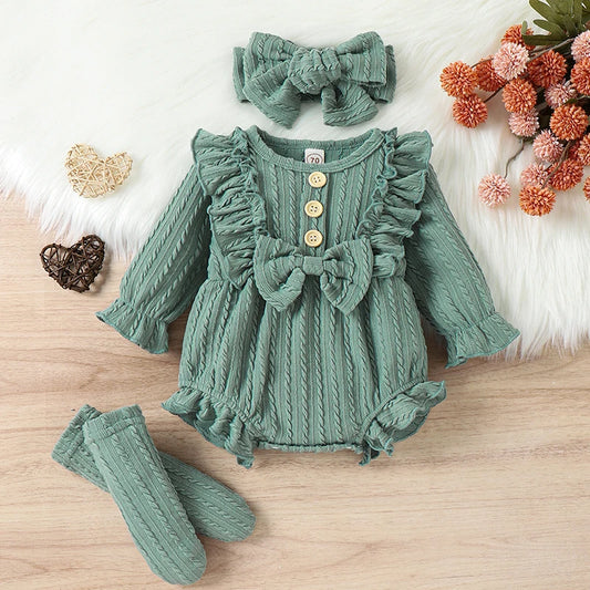 0-12M Infant Baby Girls 3Pcs Fall Outfits Long Sleeve Button Front Ruffle Romper + Socks + Headband Set Lovely Clothes