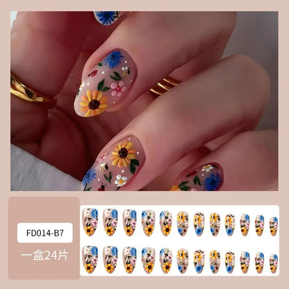 24pcs False Nails with Glue Medium Short 3D Embossed Floral Press on Nails Almond Sweet Fake Nails with Design High Quality 2024