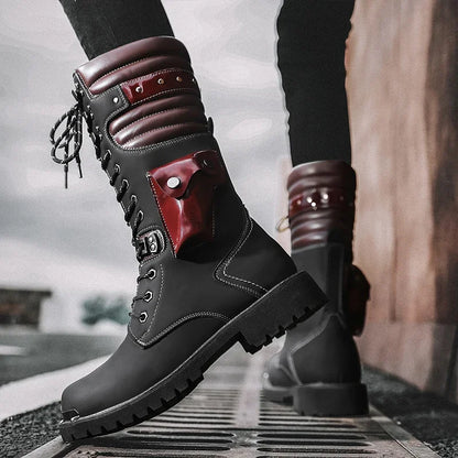 Winter High Heel Men Boots Casual Fashion Punk Motorcycle Boots Lace-up Leather High Black Biker Solid Boot Military Men Shoes