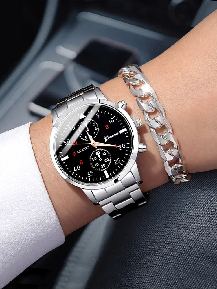 2PCs Fashion Business Casual Men's Silver Round Steel Band Quartz Watch+Personalized Chain Bracelet Set