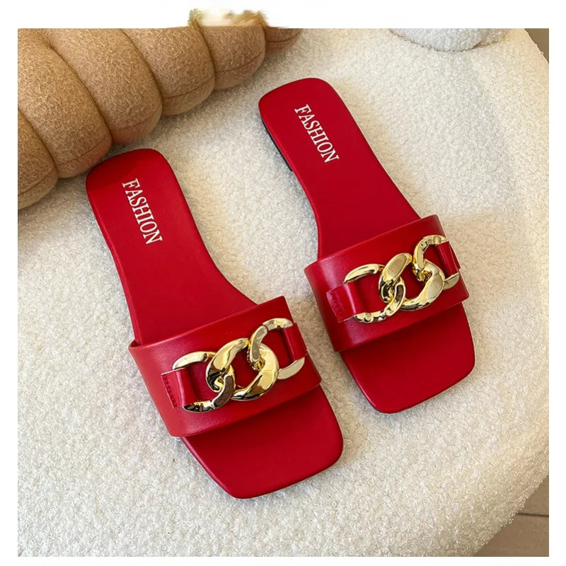 2024 New Flat Leopard Women'S Slippers New American Metal Chain Square Toe Flat Shoes Women'S Sandals Slippers Zapatos