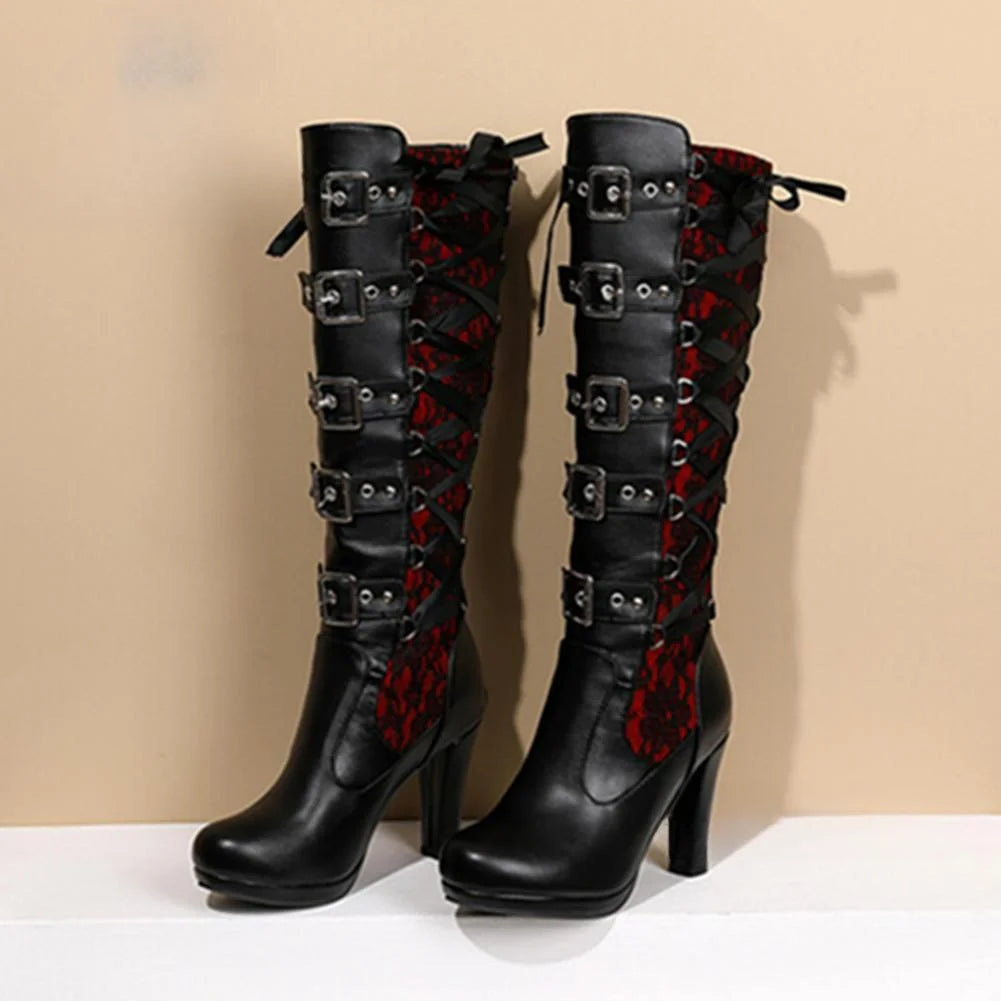 Platform Boots For Women Lace Up Chunky High Heel Mid Calf Boots Narrow Band Bow Knot Goth Gothic Shoes Winter 2024