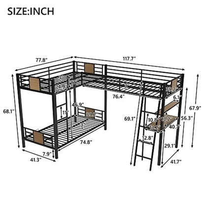 L-Shaped Triple Metal Bunk Bed with Desk and Shelf Twin Loft Bed Attached Space Saving Design Heavy Duty Suitable Children Room