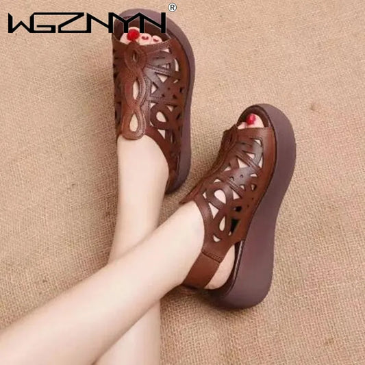 2022 NEW Summer Women Sandals Genuine PU Leather Wedges High Heel Platform Hollow Peep Toe Female Ladies Shoes Zapatos De Mujer