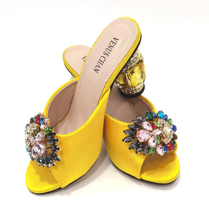 2022 Yellow Color Luxury Rhinestone Heel Fashion Party Women's High Heels Elegant Evening Sandals Wedding Bags and Shoes with