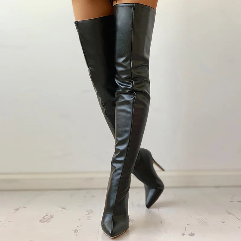 Size 46 Sexy Stiletto High Heels Black Over The Knee Boots Ladies Club Party Slim Leg Thigh High Boots 2024 Winter Female Shoe