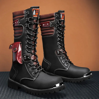 Winter High Heel Men Boots Casual Fashion Punk Motorcycle Boots Lace-up Leather High Black Biker Solid Boot Military Men Shoes