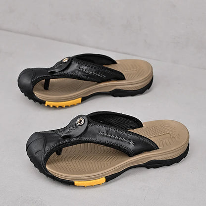 Men's Top Layer Cowhide Flip Flops Fashion Beach Slippers Men Breathable Non-slip Casual Indoor Home Slippers Hot Sale In Summer