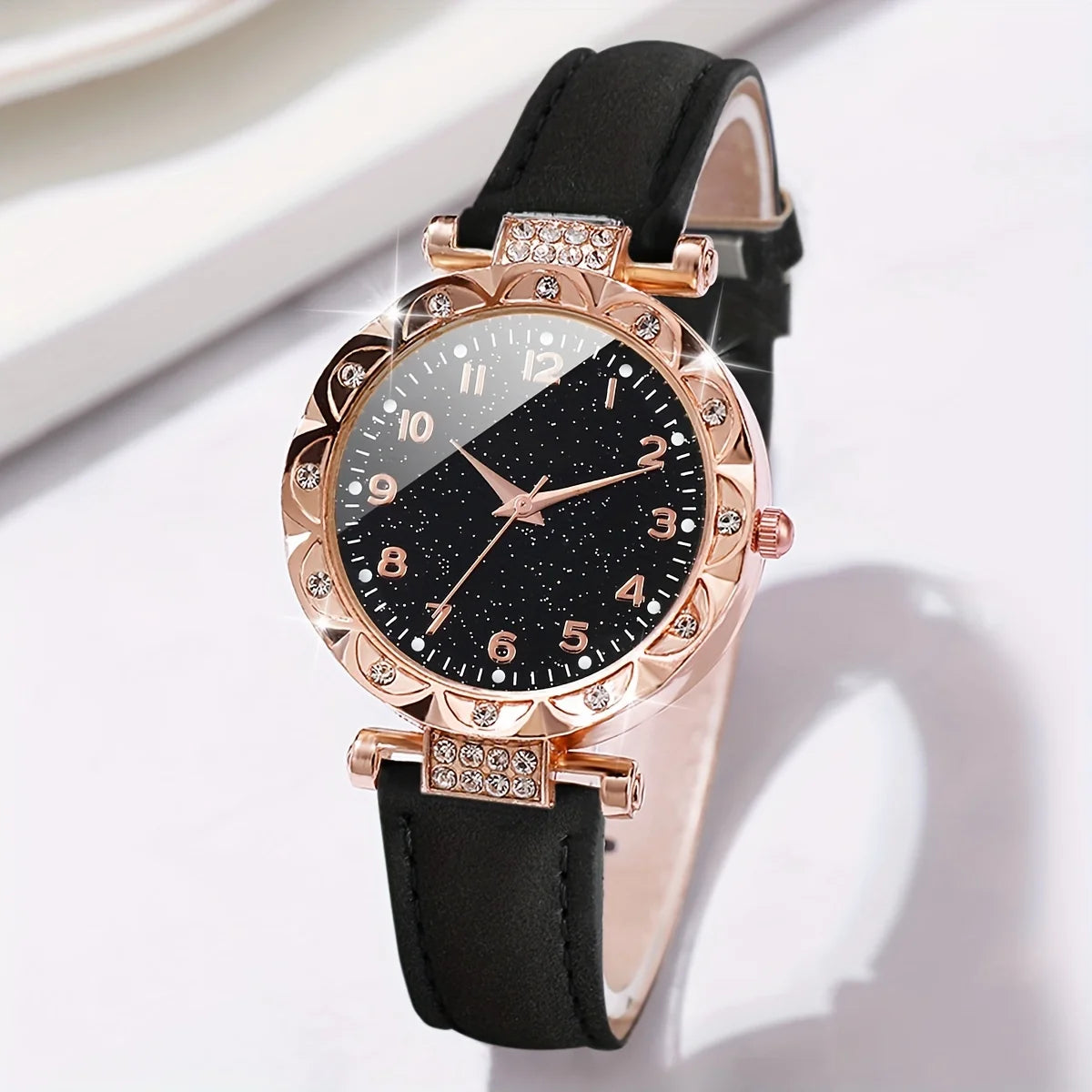 2PCS/Set Fashion Rhinestone Women's Quartz Watch Analog PU Leather Band Wrist Watches Heart Bracelet