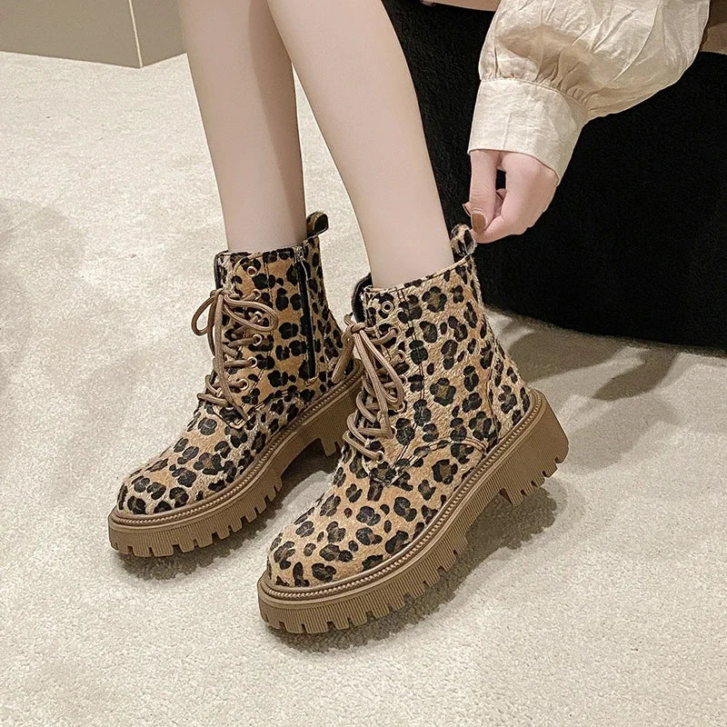 Shoes for Women 2023 Fashion Lace Up Women Boots Winter Round Toe Leopard Print Short Barrel Chunky Heels Zipper Plus Size Boots