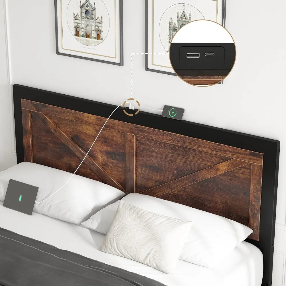 Led Bed Frame Queen/Full/King Size with Charging Station, Industrial Platform Bed Frame with Rustic Barn Door Wood Headboard