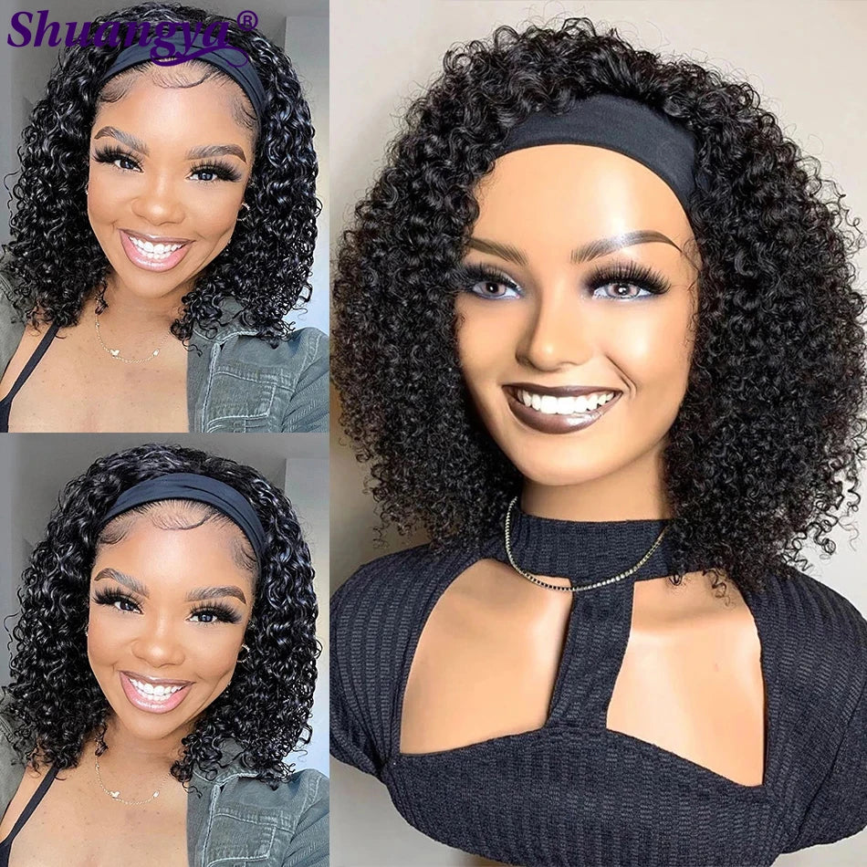 Kinky Curly Headband Wig 100% Human Hair Short Afro Kinky Curly Wig 200 Density Deep Wave Scarf Wig Indian Water Wave Scarf Wigs