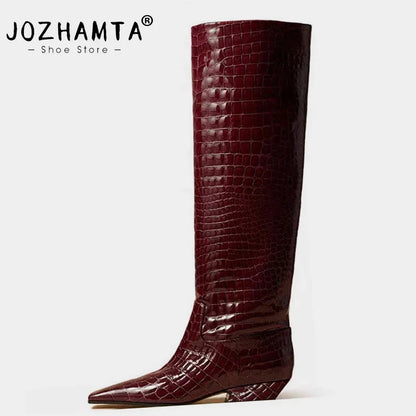 JOZHAMTA Size 35-43 Women Knee Boots 2025 Ins Fashion Stone Pattern Soft Leather Thick Heels Shoes Fall Winter Long Tall Boots