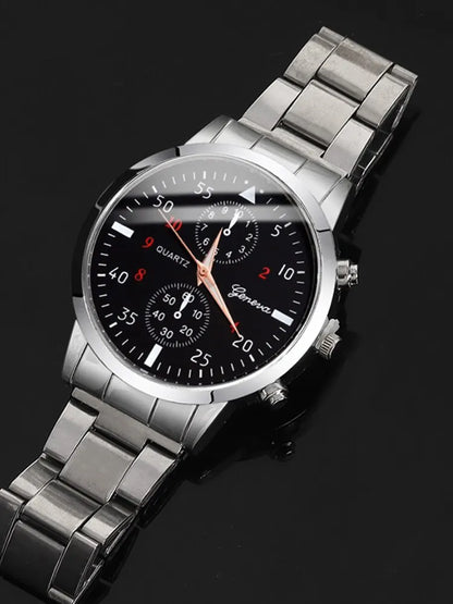 2PCs Fashion Business Casual Men's Silver Round Steel Band Quartz Watch+Personalized Chain Bracelet Set