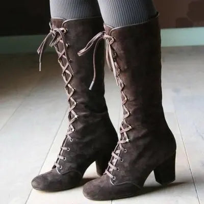 2023 Medieval Women's Casual Riding Boots Winter Lace Up Suede Long Tube Knight Boot Female High Heel Cowboy Shoes Mid-Calf Sexy