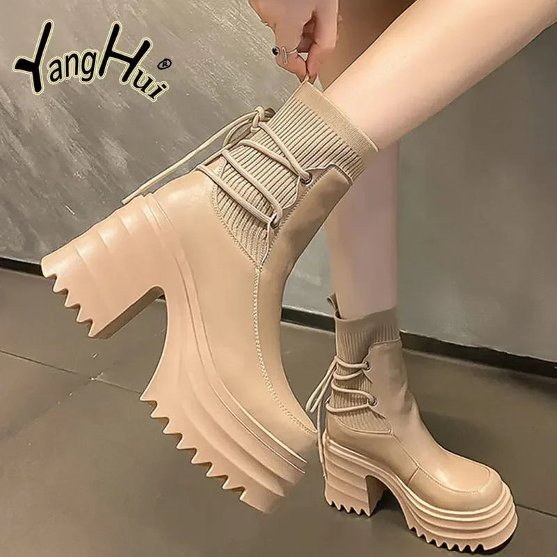 2023 New Ankle Modern Boots Cotton Fabric Lace FashionBlack Chunky High Heel Super High Platform Shoes for Women Spring Autumn