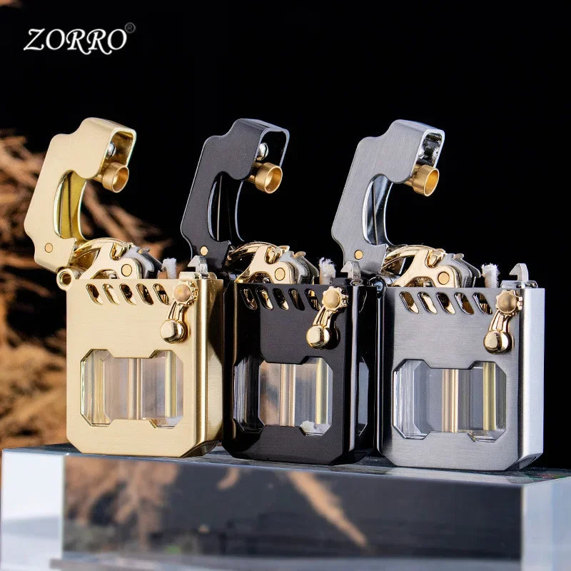 ZORRO Metal Mech High Quality Grinding Wheel One Click Launch Ignition Kerosene Lighter Visible Gas Window Lighters Smoking Gift