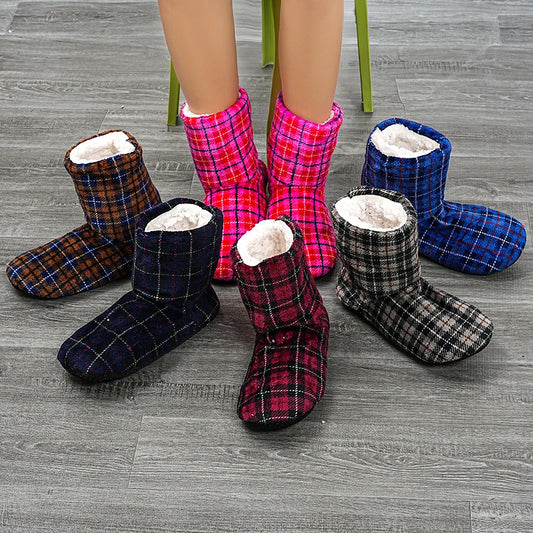 Winter Adult Men And Women Thick Warm Floor Shoes  Non-Slip Indoor Cotton Shoes Plush Home Slippers Plaid Shoes Women Girl