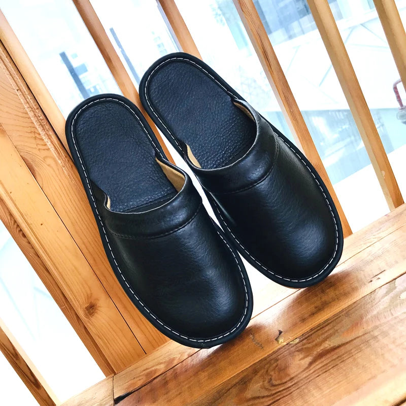 Unisex Leather Slippers for Women Men Large Size Indoor PU Leather Shoes Men's Odor-resistant Comfort Non-slip Couples Slides