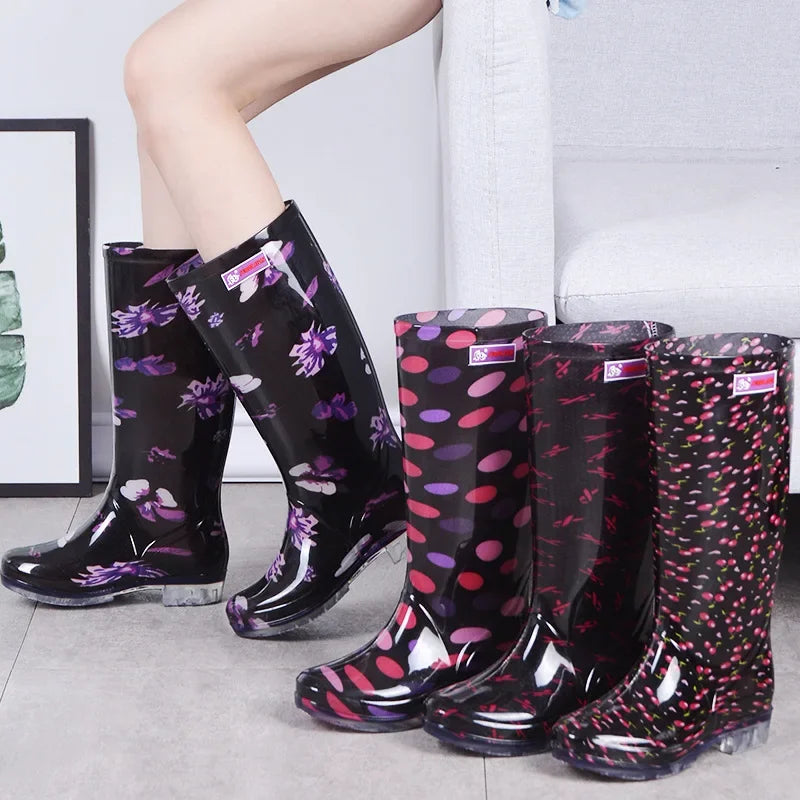 Water Shoes Women's Rain Boots Long Tube Ladies Fashion Rain Boots Waterproof Non-slip Medium and High Rubber Boots Work Boots