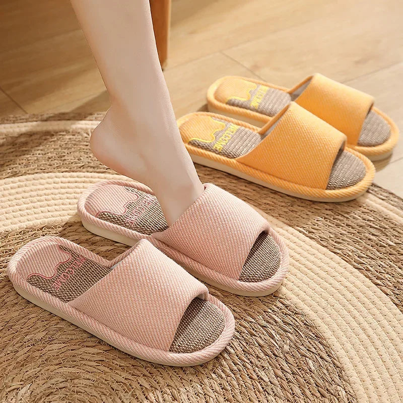 Linen Slippers Indoor Home Breathable Women Men Slides Linen Couples Anti-slip Shoes Beach Sandals Shoes Comfortable Flats