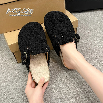 Soft Footbed Teddy Fur Mule Clogs For Woman Winter Warm Plush Slide Sandals Ladies Brand Design Fluffy Birken Shoes