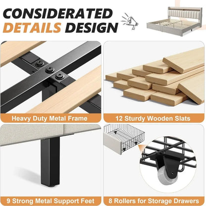 King Size Bed Frame with Storage and Headboard, Bed Frame with 2 Drawers and Storage, NO Noise,No Box Spring Needed