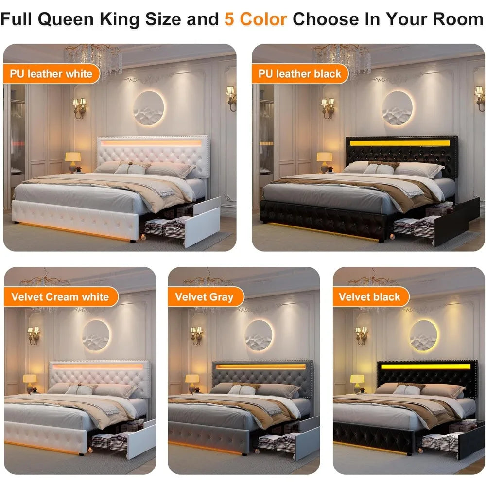 Queen Led Bed Frame with 4 Storage Drawers, with Smart Control RGBW LED Lights Headboard Footboard, Control DIY Color