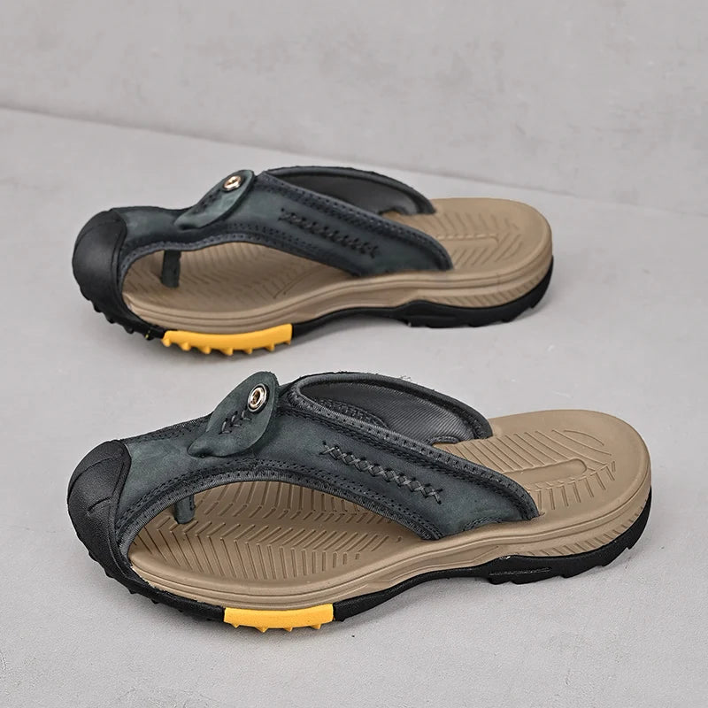 Men's Top Layer Cowhide Flip Flops Fashion Beach Slippers Men Breathable Non-slip Casual Indoor Home Slippers Hot Sale In Summer