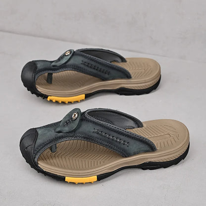 Men's Top Layer Cowhide Flip Flops Fashion Beach Slippers Men Breathable Non-slip Casual Indoor Home Slippers Hot Sale In Summer