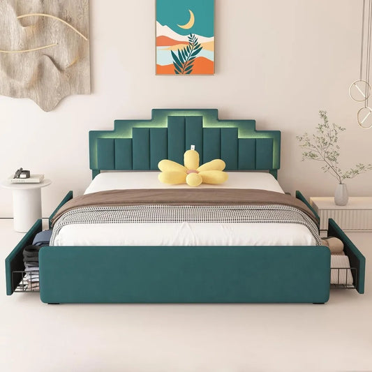 Full/Queen/King Size Bed Frame with 4 Storage Drawers, Upholstered Platform Bed with LED Light and Adjustable Headboard