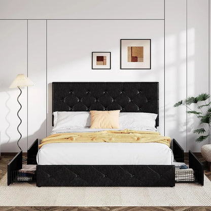 Bed Frame Upholstered Full-size Platform Beds Frames With 4 Storage Drawers And Headboard With Mattress Black Bed Frame