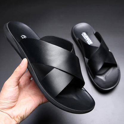 Slippers for Men Cross-strap Slippers Flat Leather Beach Shoes Ltalian Style Mens Slipper Quality Bathroom Men's Slide Sandals