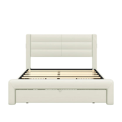 Queen Size Bed Frame with Drawers Storage, Leather Upholstered Platform Bed with Charging Station