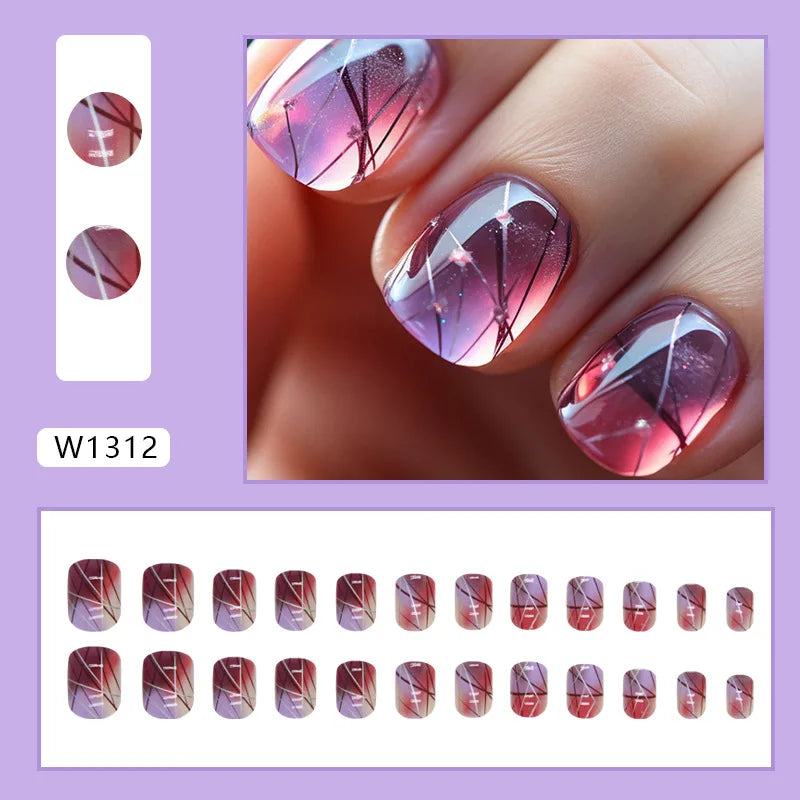 24Pc Blue Ocean Fake Nails Short Square Head Ballet False Nails French Ballerina Press on Nails Full Cover Acrylic Nail Art Tips