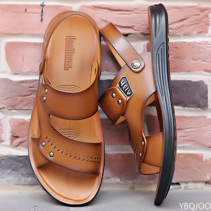 Shoes 2023 Fashion Men's  Summer New Retro Leather Non-slip Beach Slip-on Sandals Travel Flip-flops Slippers Black Brown