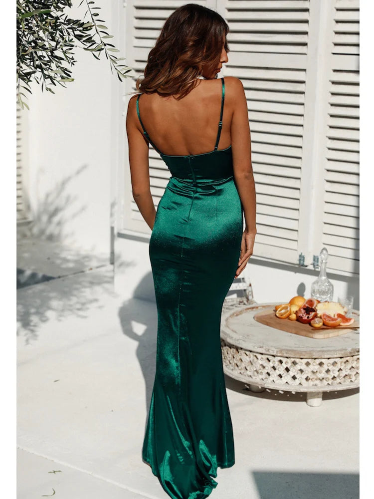 Romagic Green Cowl Neck Evening Dress Backless Long Luxury Stretchy Satin Sexy Burgundy Wedding Party Dresses Summer