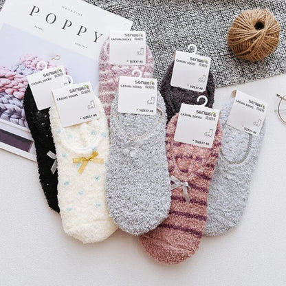 Plush Slippers Women Cute Coral Fleece Socks Stripe with Bow House Shoes Sleep Warm Socks Non-slip Floor Socks Fluffy Slippers